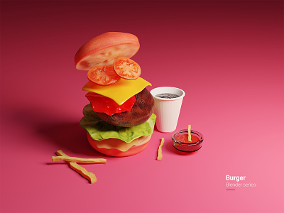 Burger - Blender series bun burger cheese cola french fries glass lettuce patty photoshop sauce tomato