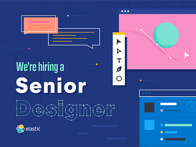 We're hiring! branding design elastic flat hiring icon illustration illustrator logo senior designer tech typography vector