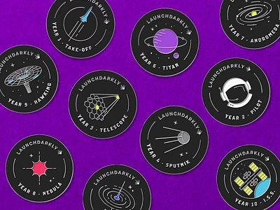 Anniversary enamel pins andromeda annivesary astronaut black hole branding design enamel pins graphic design illustration illustrator iss launchdarkly logo pins rocket space typography vector years