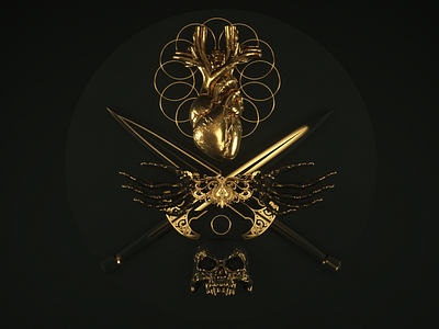 Golden heart 3d after effects black conema4d daggers gold heart octane skull