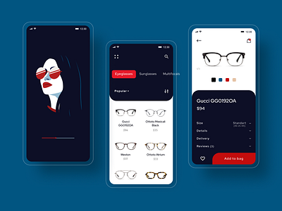 Glasses shop app android app application blue concept creative design glasses illustration minimal mobile product red shop ui ui ux