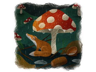 Tiny Fox or a Huge Mushroom? art autumn characterdesign design digital art fox illustration mushroom pencil drawing rain tinyfox watercolour wildlife