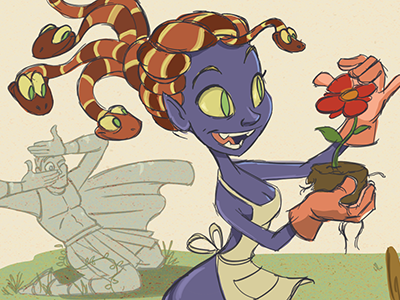 Medusa tinkering in the garden illustration