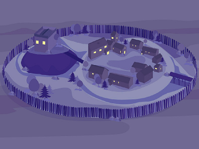 Village! hill home houses isometric landscape night people rural small stay town village