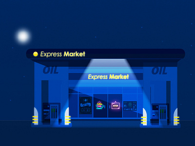 Gas Station Cafe.. advertisement cafe gas station glow graphic illustration lights moon neon night sign vector