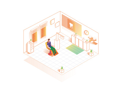 Isometric! ai character design dental doctor gradient isometric orange perspective room vector