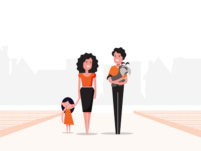 Family! 2d city couple dog family girl happy illustration kid lines monotone motion graphics path roadside simple stylize vector walk
