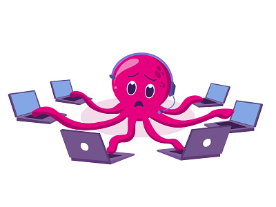 Worked UP! animal character expressions graphic illustration laptop multitasking puzzle puzzled stress stressed tentacles vector water work