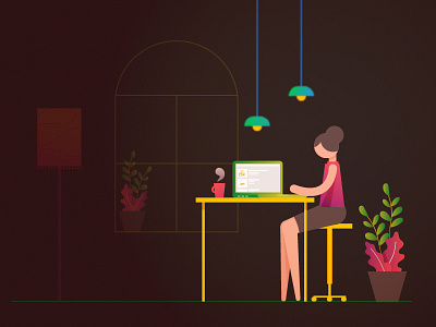Work and tea! character colorful dark design flat girl gradients illustration laptop minimal plants potted pants room simple design stylised texture vector window work working 2d