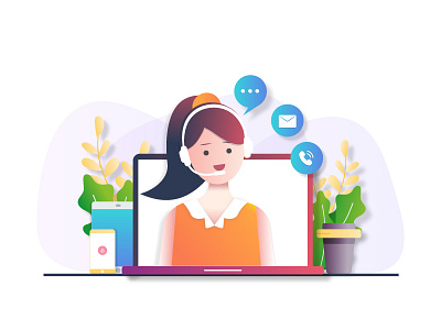 Customer Support. app character character design chat communication customer design gradients graphic helpline icons illustration laptop phone remote support ui vector web webpage