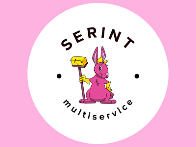 Serint multiservice Logo branding broomstick cartoon circle logo cleaning design gloves hat illustration logo pink purple rabbit rabbit logo vector