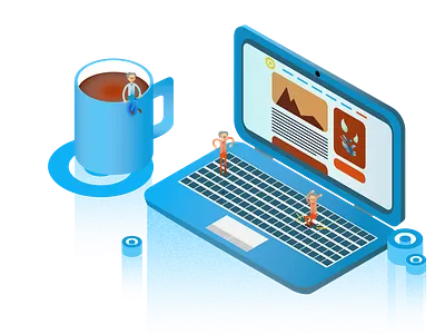 TPOINT - illustration for blog page blog coffee cup computer illustration isometric art isometry laptop mug typing vector web website writing