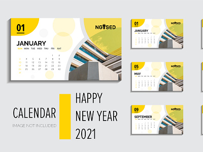 Desk calendar design for 2021 with yellow color shapes vector.