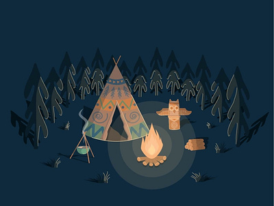 Indian house art bonfire design fire firevod forest graphic design hieroglyphs hunting lodge illustration illustrator indian letters sauldron tent though totem wigwam