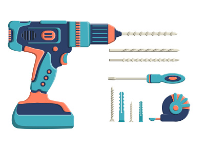 A set of construction tools.Drilling machine, drill, screwdrive. construction device drill drilling electric equipment handle illustration industry instrument isolated machine metal object power repair screwdriver tool vector work