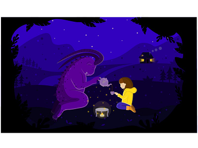 The girl came to visit the forest monster. Strong friendship. art fire flat forest friendship girl illustration illustrator landscape magic monster mountains teapot vector