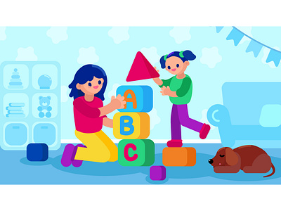 Mother and daughter playing with blocks in the children's room.