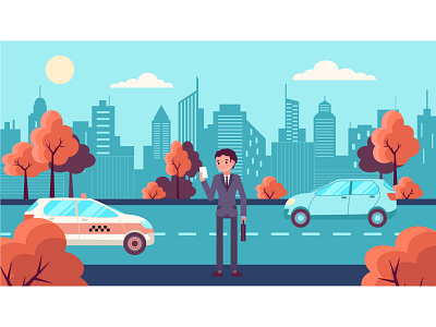 Urban autumn. A man in a suit looks at the photo art autumn car city design flat graphic design illustration illustrator man photo paper suit trees vector