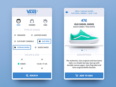 Vans® Shoes Concept iOS app blue clean concept filter flat ios mobile search ui ux white