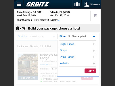 Orbitz: Search Results Filter design filters responsive responsive web search results tablet travel web