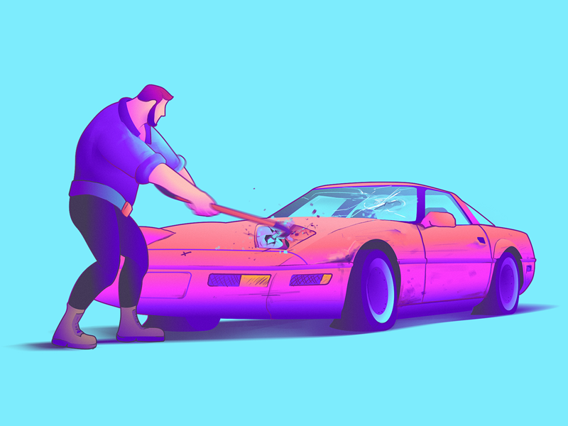 Smashin' breaking rage colorful illustration crowbar big lebowski auto neon 80s crash smash corvette car