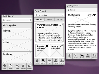 Wireframes for Digital Devotional App - Search Flow bible catholic iphone mobile prayer religious saints social app wireframes
