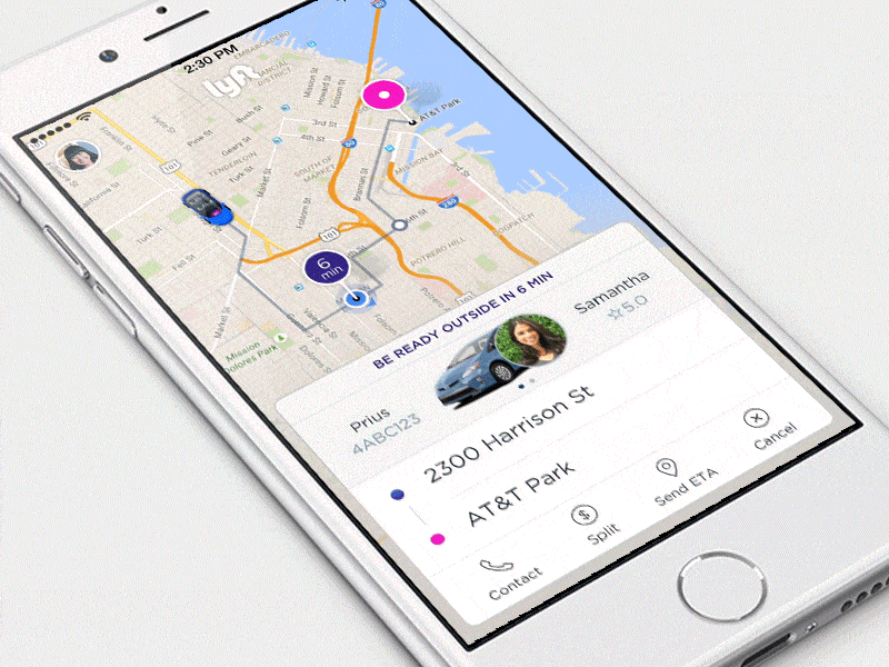 Lyft App – Contextual Panel actions car cars design driver ergonomic lyft map passenger ride transportation