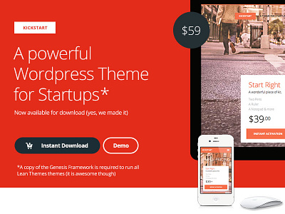 Kickstart clean design flat red startup theme web wordpress