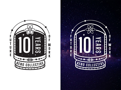 Reno Collective 10th Anniversary Logo anniversary atom badge coworking future galaxy logo reno space spaceman stars
