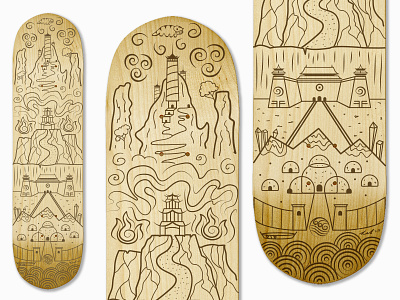 Skateboard: Air, Fire, Earth, Water air airbender avatar earth fire illustration line art nickelodeon skateboard water wood engrave