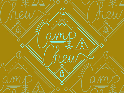 Camp Chew camping fire illustration label laser engrave lettering line art moon mountain patch tent trees