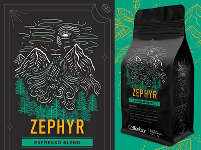 Coffeebar | Coffee Rebrand | Zephyr california coffee coffee bag coffee plant illustration mountains nevada packaging rebranding reno sierra mountains tahoe trees truckee wind zephyr