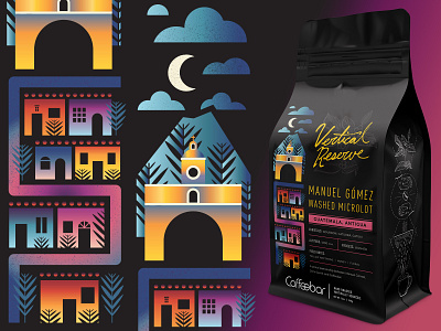 Coffeebar | Vertical Reserve | Manuel Gomez Washed Microlot antigua california city coffee coffee bag design gradient guatemala illustration nevada packaging design reno sky tahoe volcano