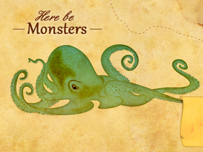 Here Be Monsters map monsters octopus pirate texture treasure