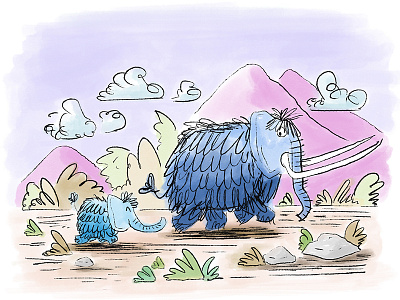 Blue Mammoths baby mammoth blue mammoth hairy illustration ink kids mammoth quentin blake sketch