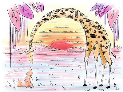 Fox & Giraffe forest fox giraffe illustration ink kids leaves quentin blake sketch sunset