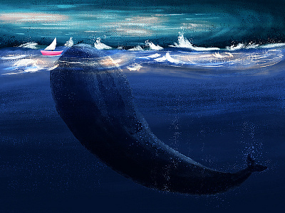 Whale dark illustration night ocean painting sea ship waves whale
