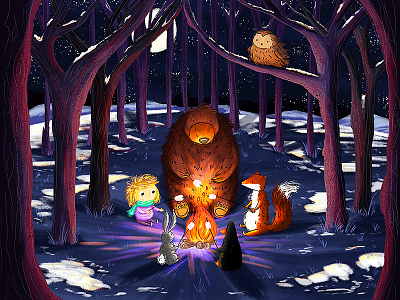 Campfire bear forest fox illustration kids kids book night penguin rabbit