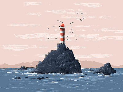 Lighthouse illustration kidlitart lighthouse rocks sea seagulls waves