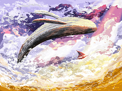 Cloud Whale boat clouds fantasy flying gold illustration painting purple sky whale