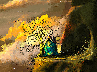 Tree House house illustration ireland painting sunset texture tree treehouse