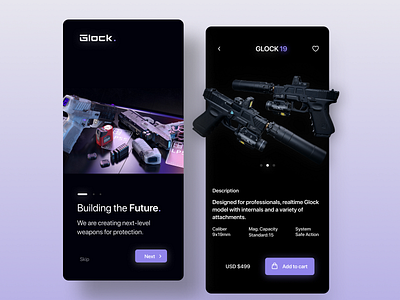 Futuristic Gun Shopping Experience. app design mobile ui ux