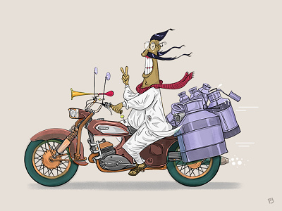 Indian milk man biker character design horn illustration indian milkman