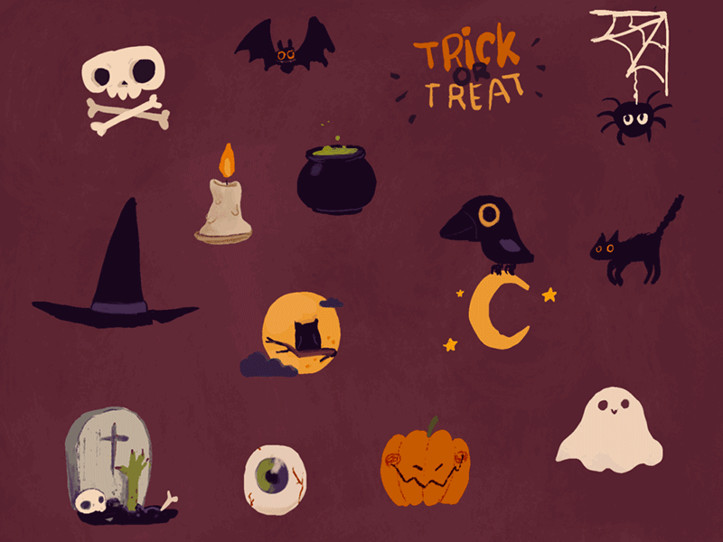 Halloween Stickers 🎃 animated stickers animation bat cauldron cute animation cute art cute stickers dribbbleweeklywarmup ghost ghoul halloween halloween stickers jack o lantern raven spooky witchcraft zombie 🎃