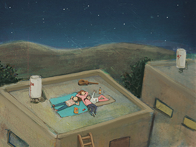 Rooftops acrylic girls illustration nught sky rooftops star gazing stars