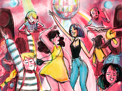 Disco Dancing dance dancing disco disco ball fun girls illustration painting party pink