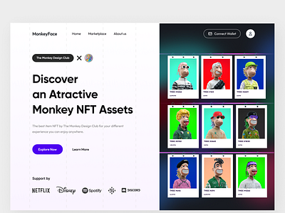 Monkey Face - NFT Marketplace 🐵 2022 3d clean dark theme dash design hero illustration landing marketplace monkey monkeyface nft nftmarket popular trending ui web design