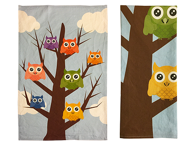 Owl Towel clouds cotton fabric illustration illustrator linen owl tea towel tree vector