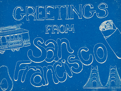 Greetings From SF avocado burrito cable car card golden gate bridge greetings hand drawn line drawing san francisco sf
