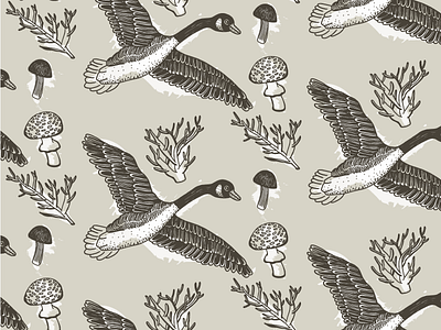Canadian Goose bird branch canadian goose hand drawn illustration illustrator mushroom pattern repeating twig